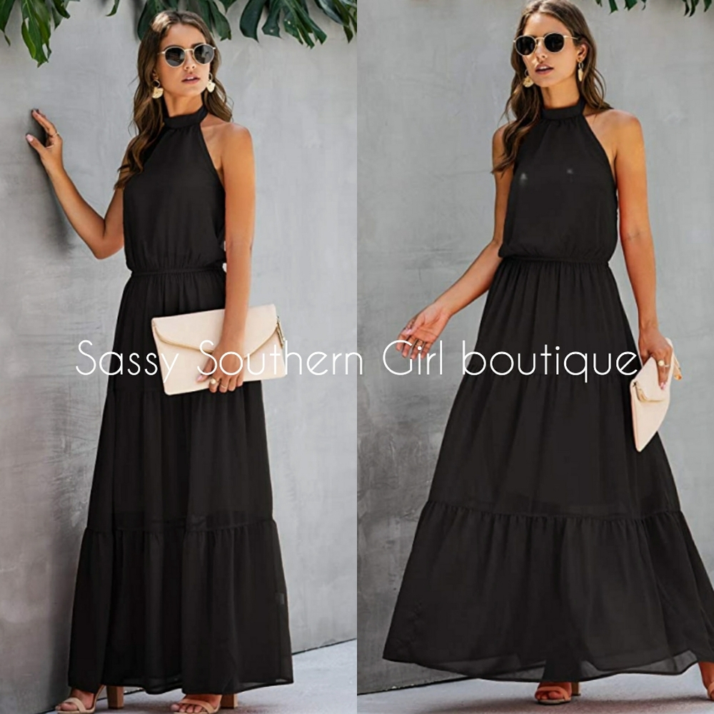 ⭐🆕Boho black tiered halter maxi dress